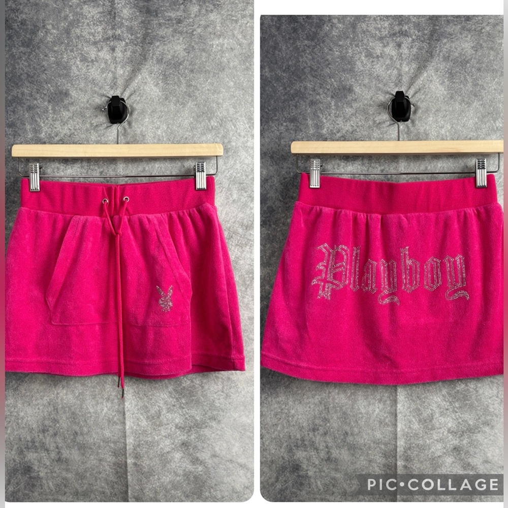 Playboy Pink Terry Cloth Kangaroo Pocket Drawstring Rhinestone Bling Mini Skirt